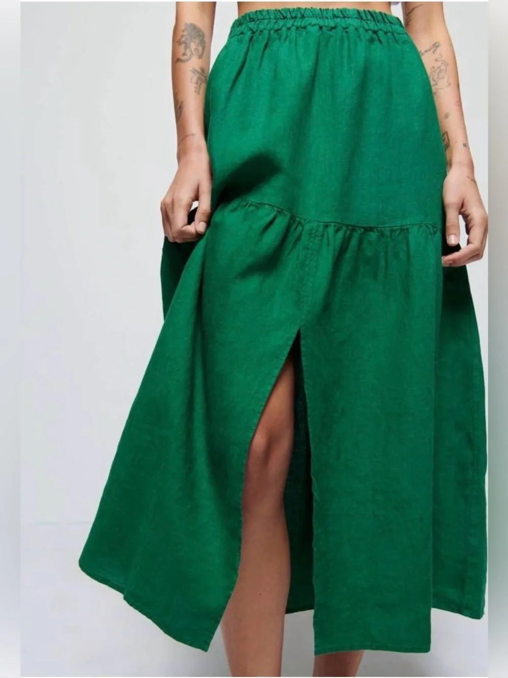 NATION LTD Esmeralda Skirt 100% Linen in Verdant Green Size L